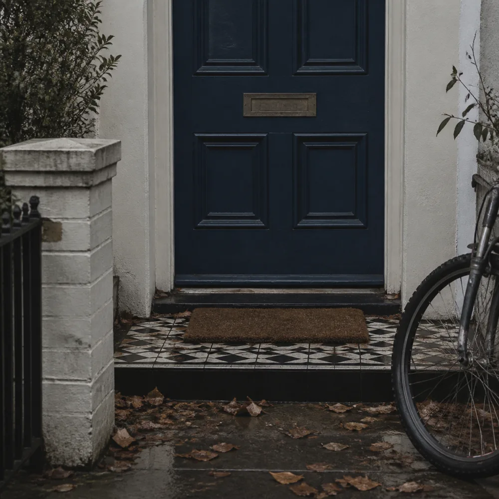 A tiled front doorstep of a British terraced house with a painted door, a doormat and a bicycle wheel at the edge of the frame.