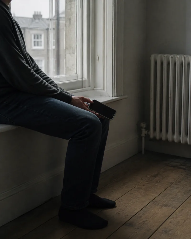 A person sitting sideways on a window seat in a plain flat, framed below the shoulders, holding a phone with a dark screen loosely on one knee.